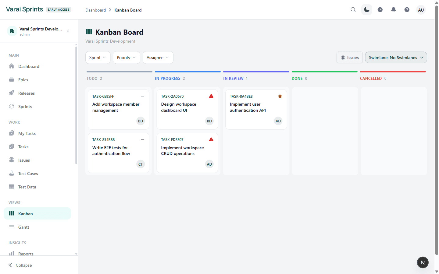 Eythio Kanban board with To Do, In Progress, In Review, and Done columns